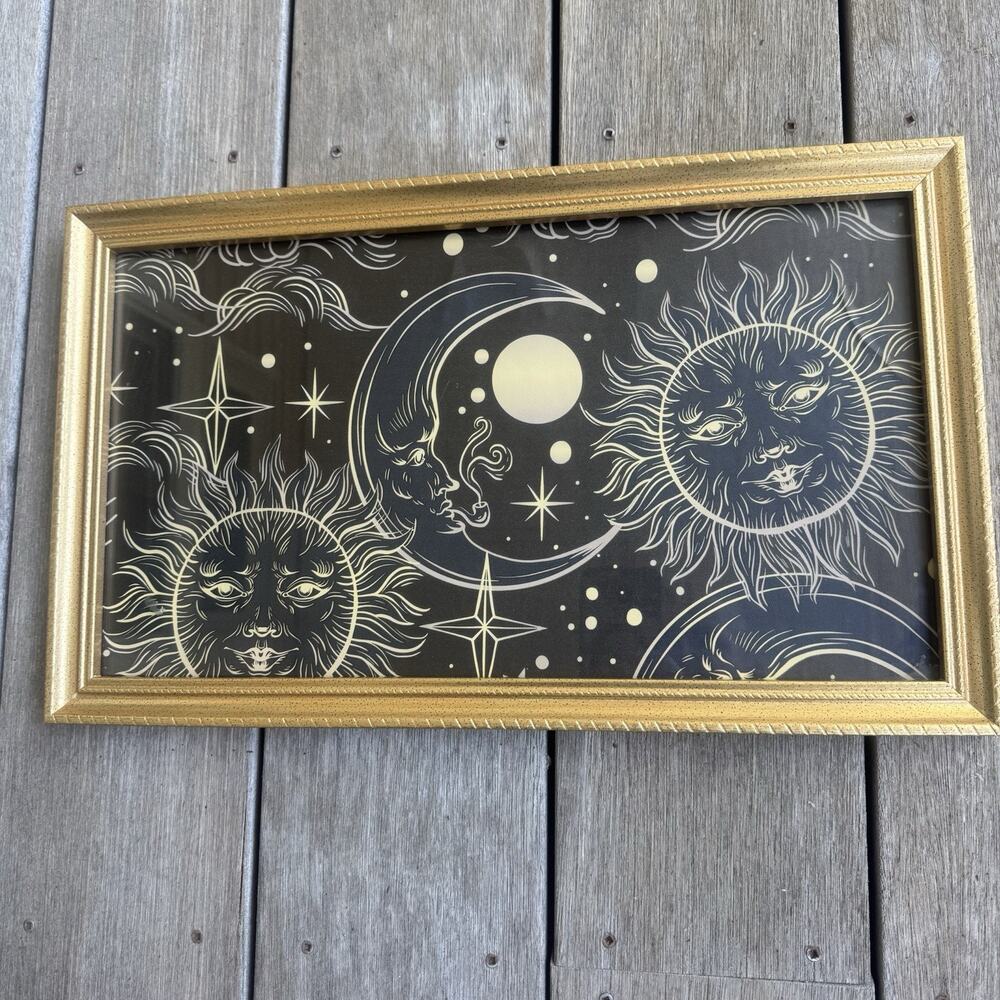 90s Style Celestial Sun Moon Star Print Framed Wall Art Whimsygoth Black Gold